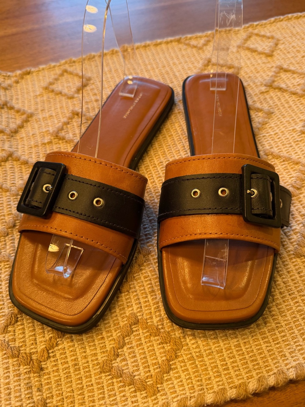 Anthropologie Buckle Square Toe Brown And Black Slide Sandals size 39